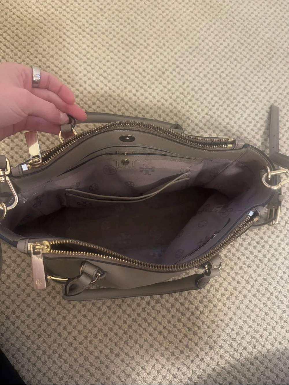 Tory Burch Taupe Pebbled Leather Satchel with Gold Hardware